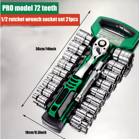 Set di Bussole e Cricchetto Professionale 21 Pezzi – 72D Drive 1/4”-3/8”-1/2” per Riparazioni Auto e Officina