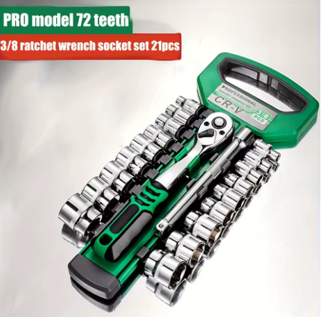 Set di Bussole e Cricchetto Professionale 21 Pezzi – 72D Drive 1/4”-3/8”-1/2” per Riparazioni Auto e Officina